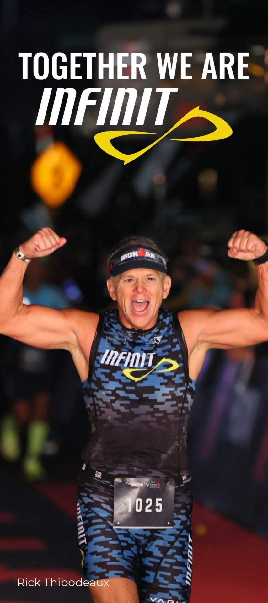 bilfold front with triathlete crossing finish line